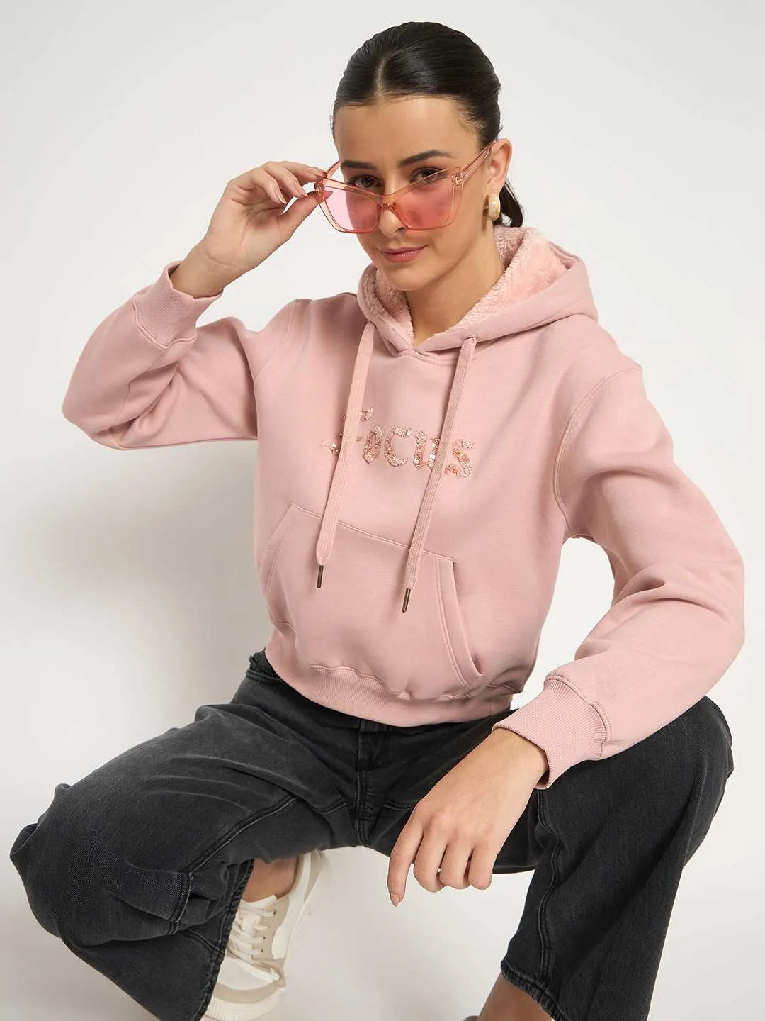 product linen breathability Madame Fleece Placement Printed Handwork Detailed Dusty Pink Sweatshirt