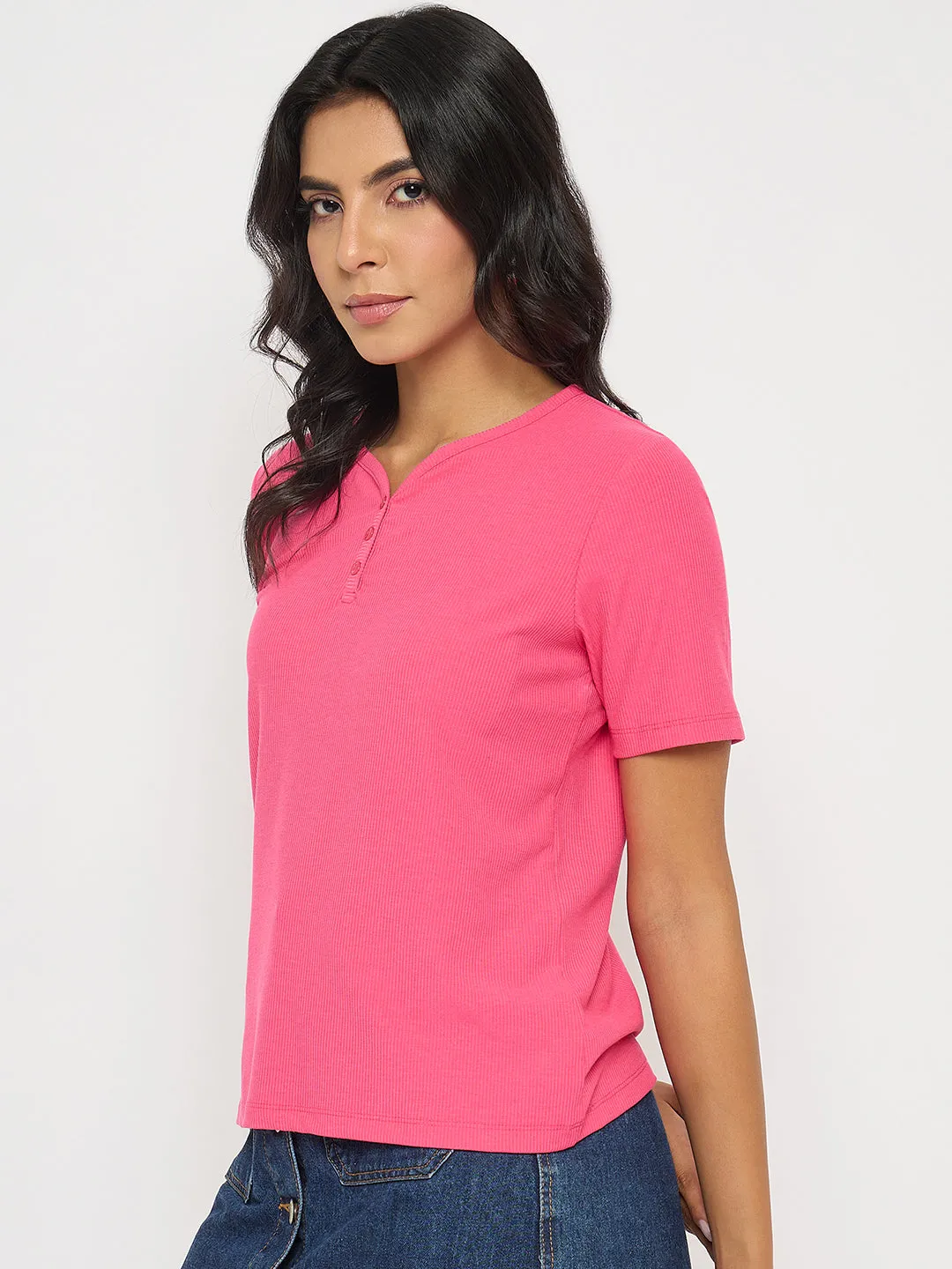 Madame Henley Neck Solid Hot Pink T-Shirt Midweight Knit Ribbed Collar Design