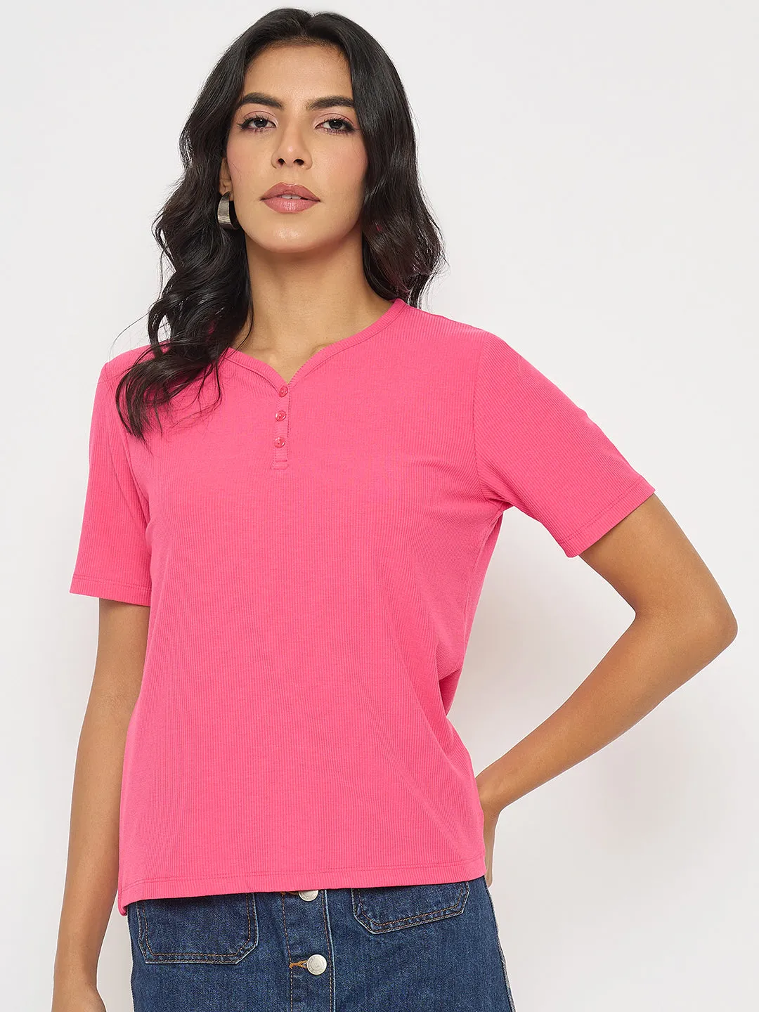 Reinforced Shoulder AllDay Comfort Madame Henley Neck Solid Hot Pink T-Shirt