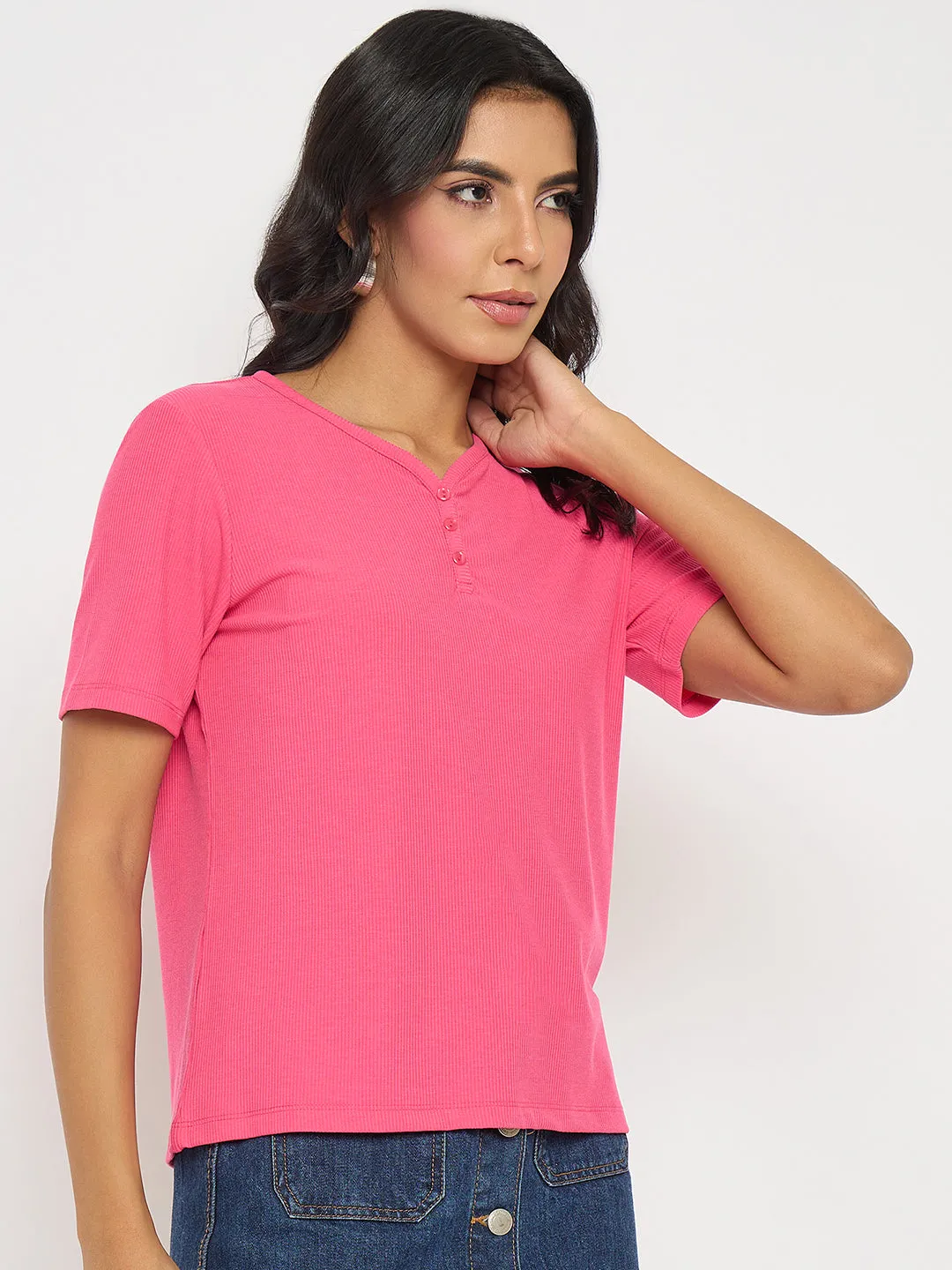 Madame Henley Neck Solid Hot Pink T-Shirt Best Seller