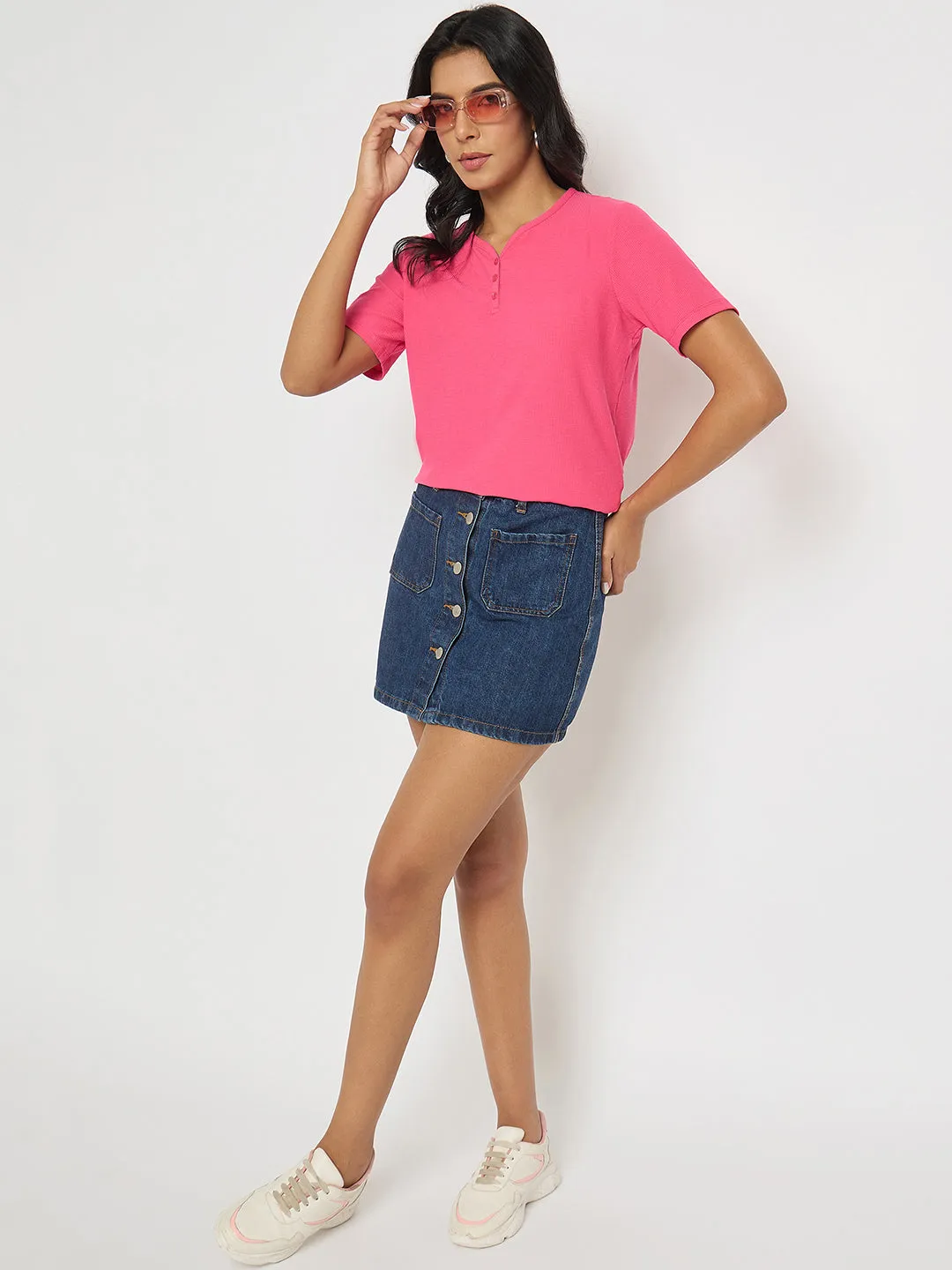 Madame Henley Neck Solid Hot Pink T-Shirt Fashion-Forward Fit