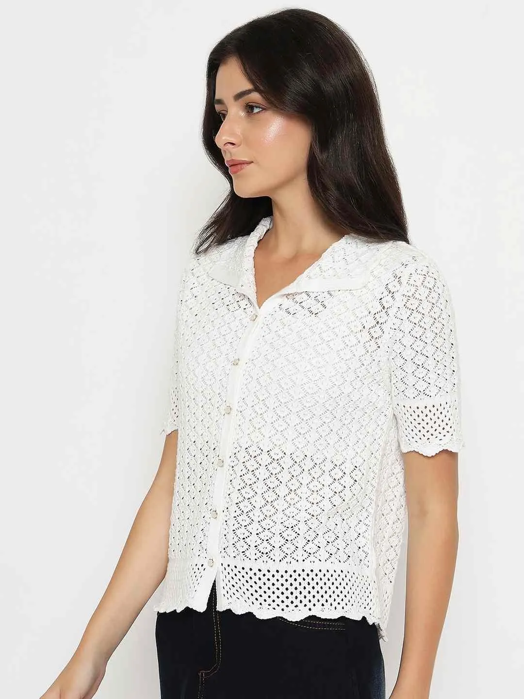 Travel Core Madame Scalloped Hem White Knitted Polo Top