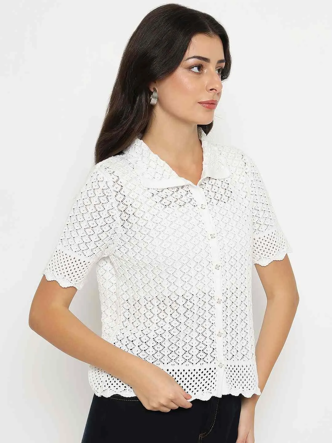 Winter Apparel Vision Fit Madame Scalloped Hem White Knitted Polo Top