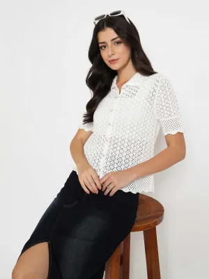 Madame Scalloped Hem White Knitted Polo Top Work Mix
