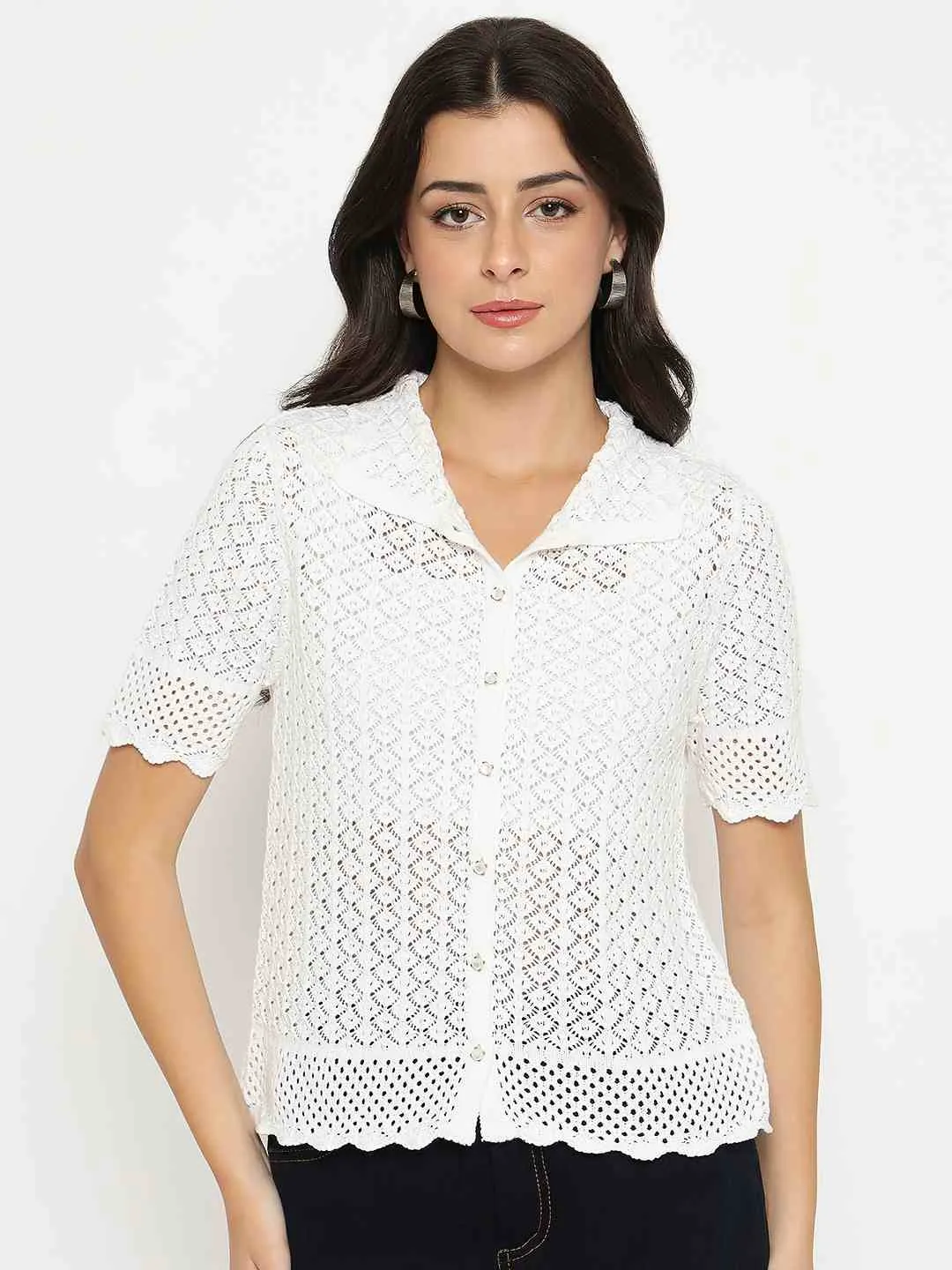 Madame Scalloped Hem White Knitted Polo Top Still Soul Hotel Style