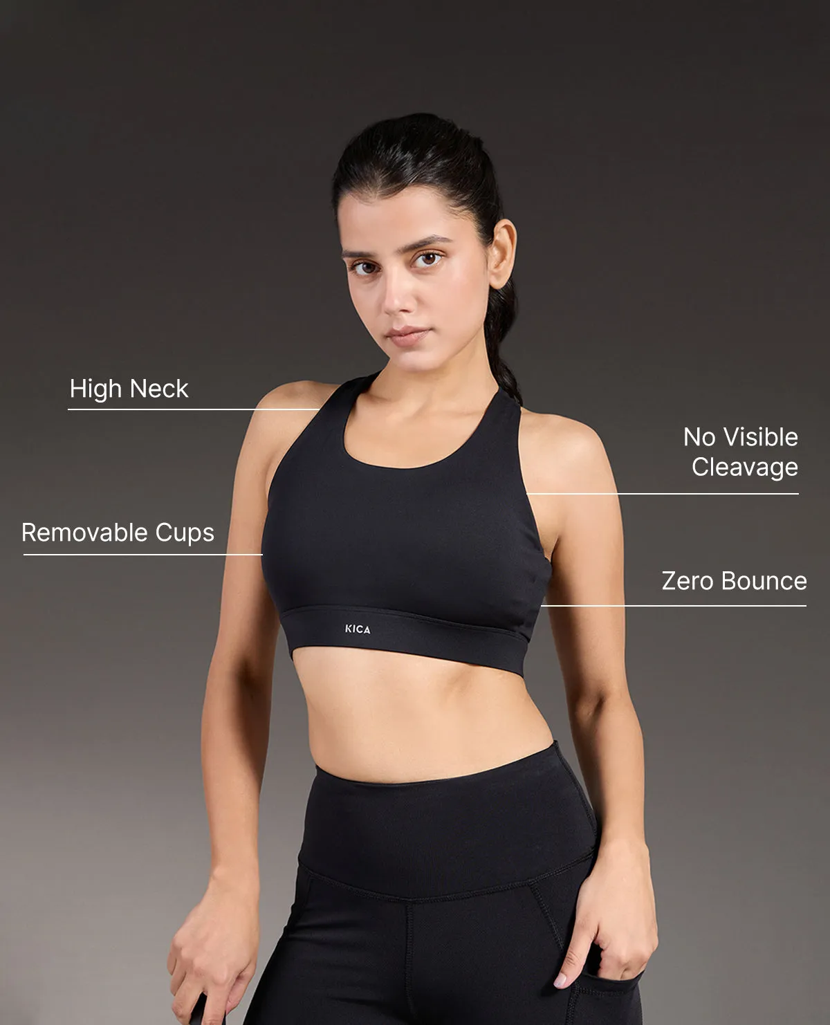 Luxe Crostini Full Coverage And High-Impact Sports Bra Black Performance Fabric Ribbed waistband