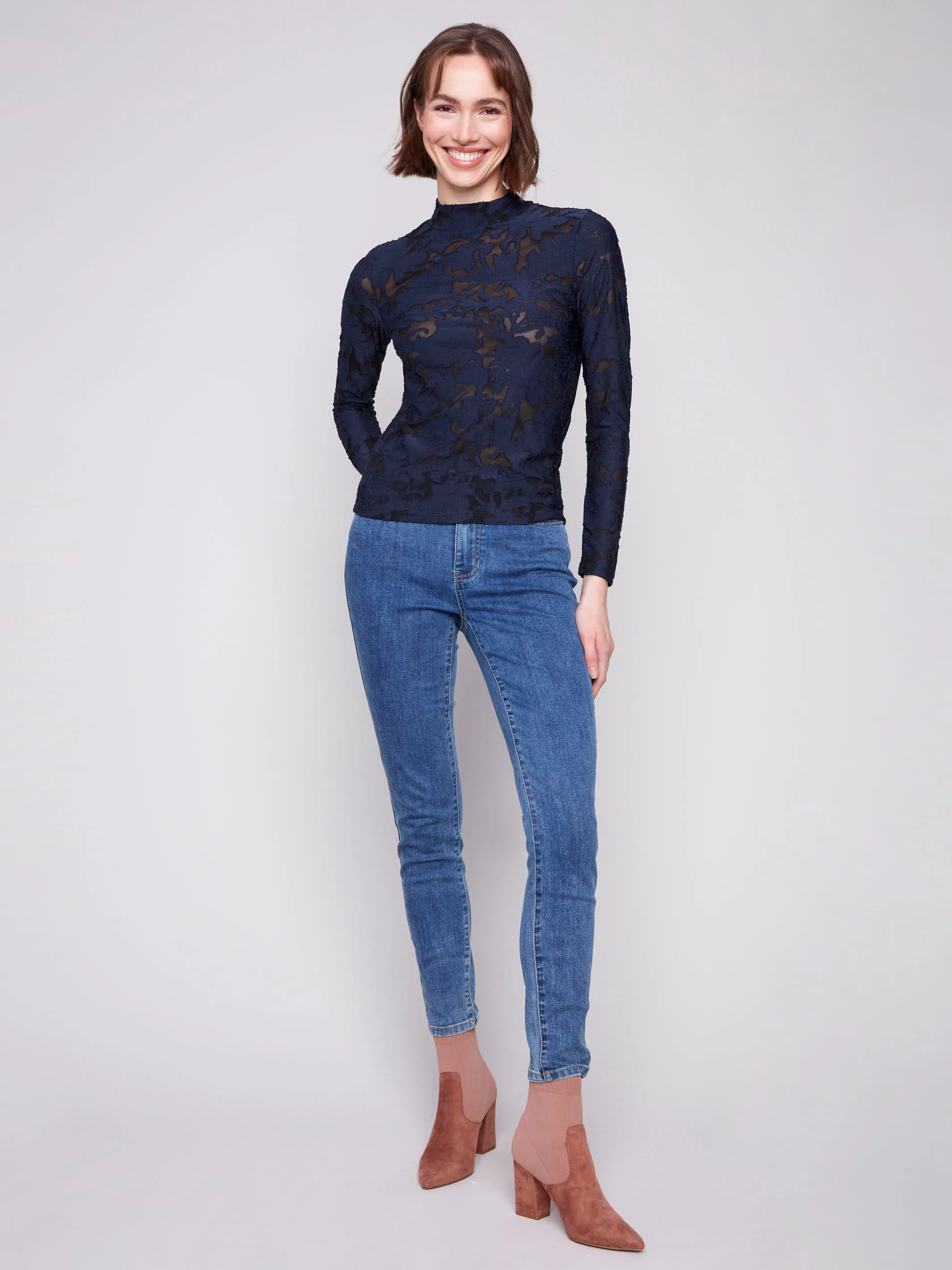 Burnout Mesh Mock Neck Top - Blue Black AntiStatic Material Classic Glow