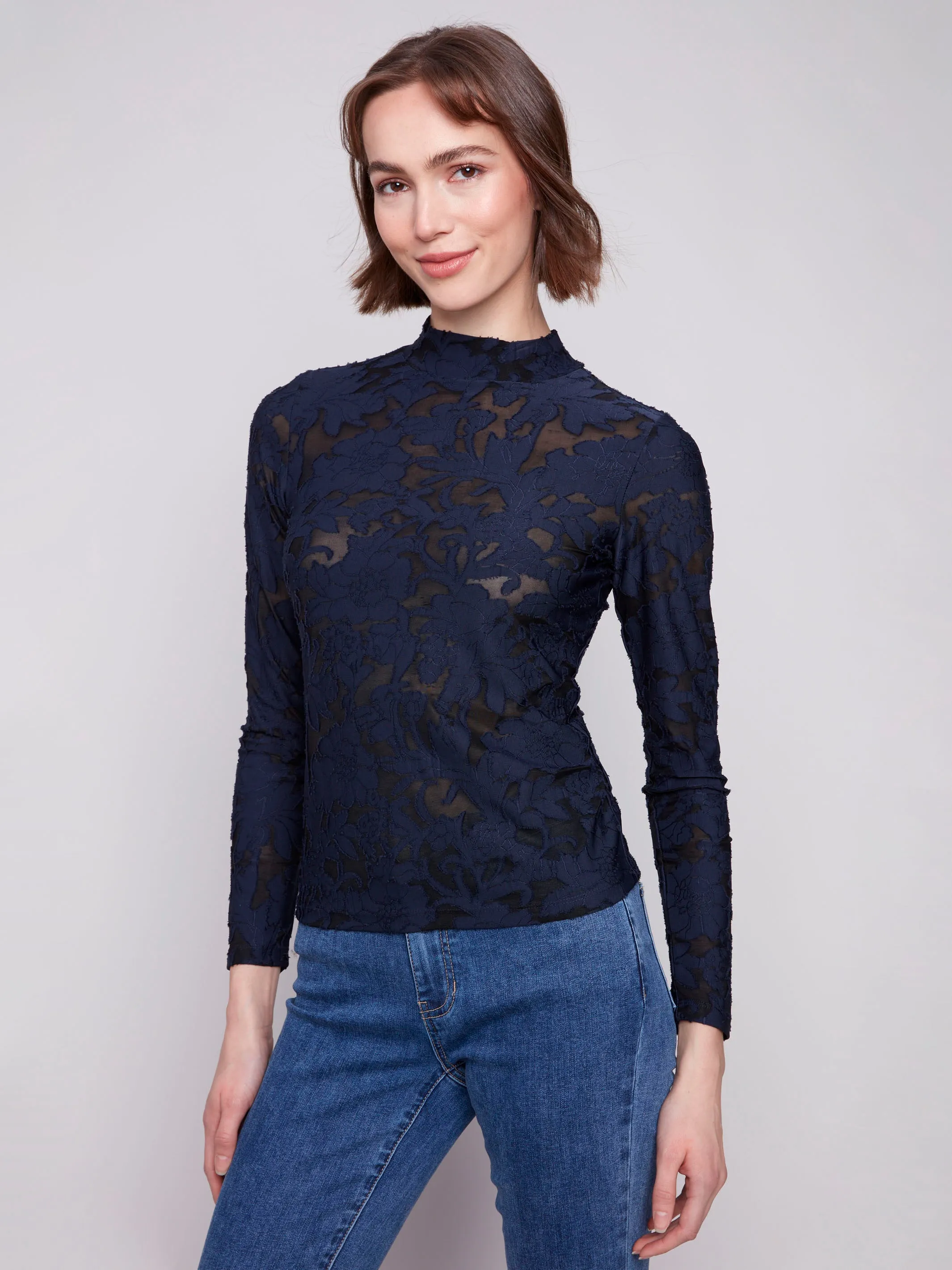 SoftTouchFinish Premium Apparel Burnout Mesh Mock Neck Top - Blue Black