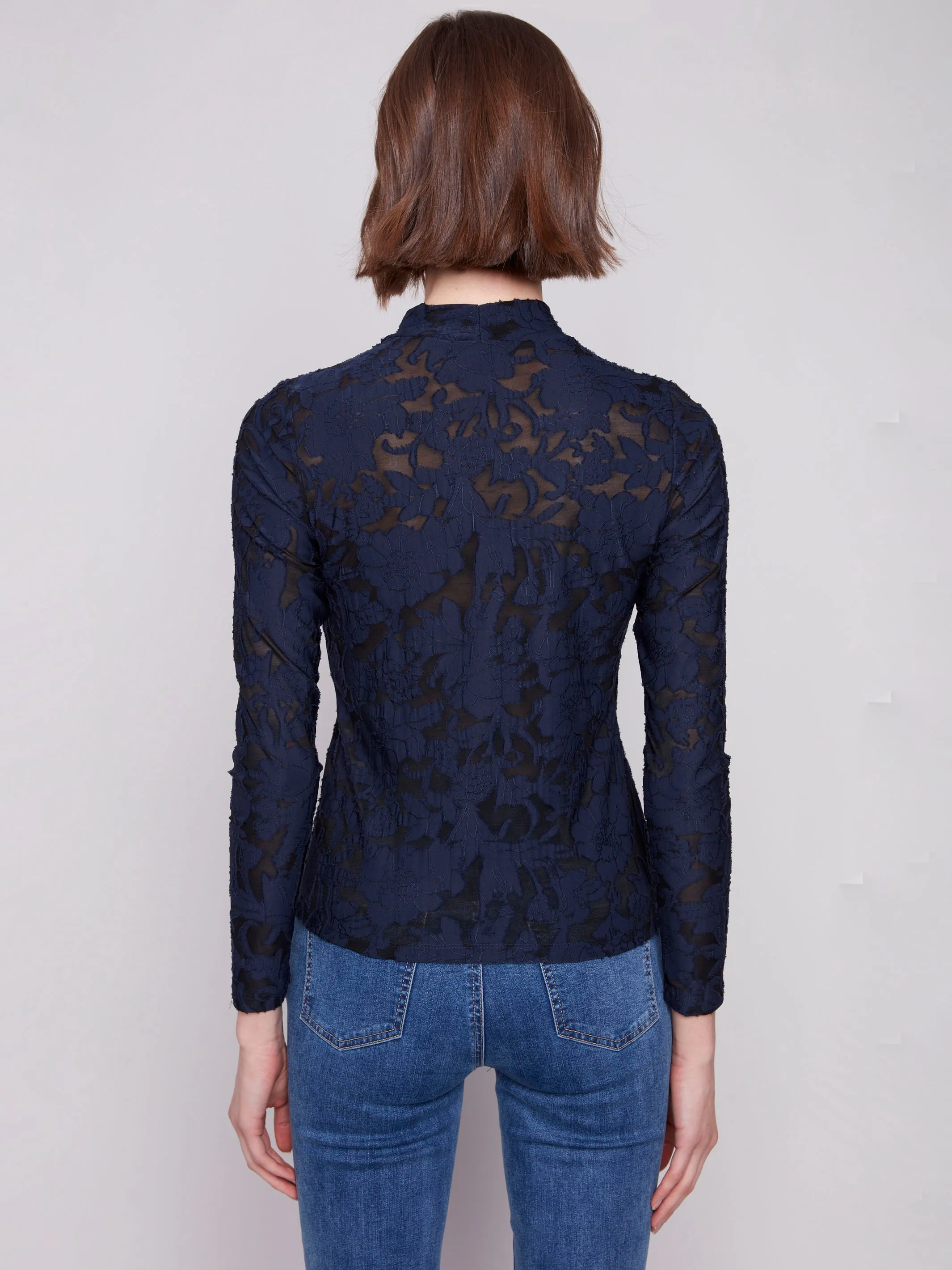 Burnout Mesh Mock Neck Top - Blue Black Easy Go WaterRepellentSurface