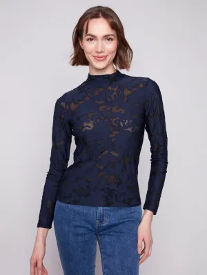 Burnout Mesh Mock Neck Top - Blue Black ElasticBinding Smart Fit
