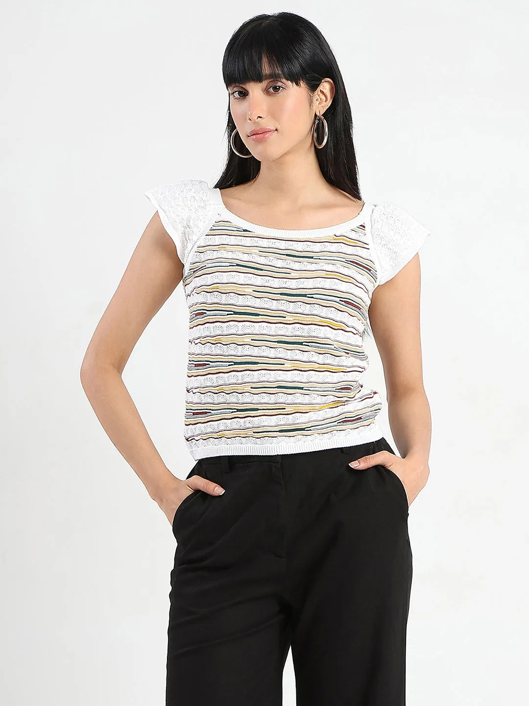 Organic Cotton Certification Madame Striped Crochet Multicolor Knit Cotton Crop Top