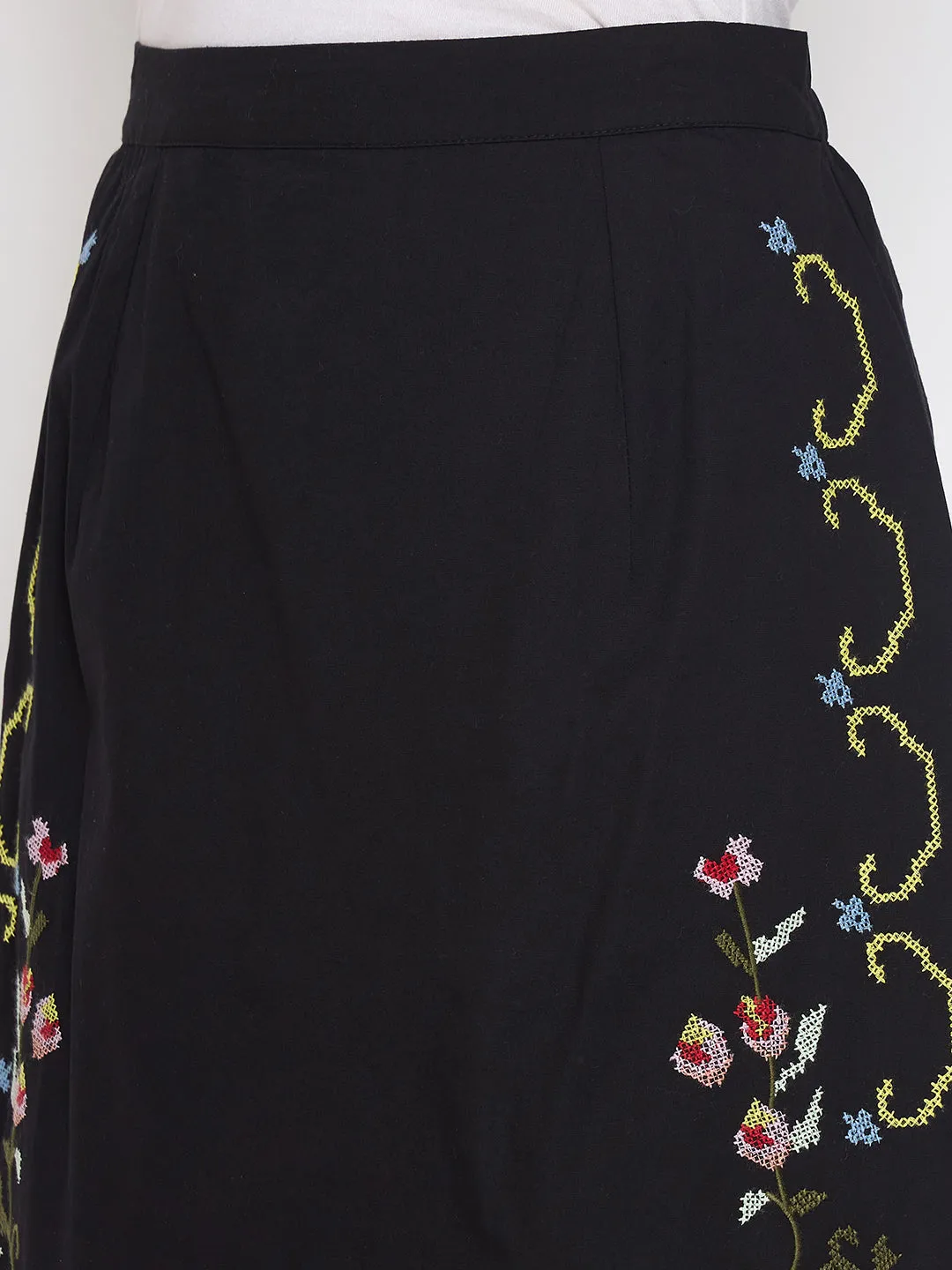 Madame Floral Embroidered Black Cotton Mini Skirt City Beat Energy Ease