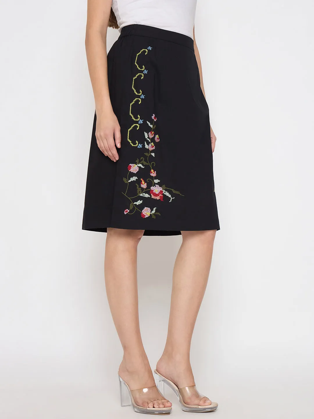 Movement Friendly Ventilation Panels Madame Floral Embroidered Black Cotton Mini Skirt