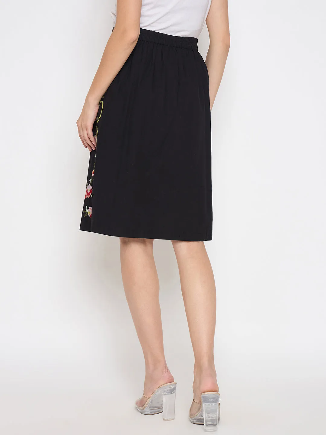 Madame Floral Embroidered Black Cotton Mini Skirt Everyday Comfort