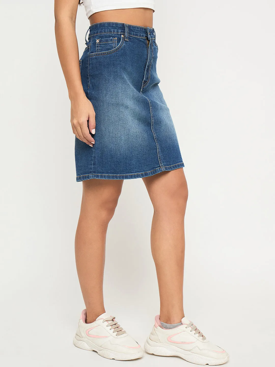 Madame Stone Wash Mid Blue Cotton Blend Mini Denim Skirt Creative Glow Motion Core