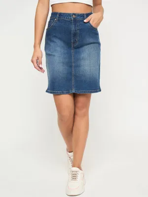 Madame Stone Wash Mid Blue Cotton Blend Mini Denim Skirt ReinforcedStitching DurableCoverstitch