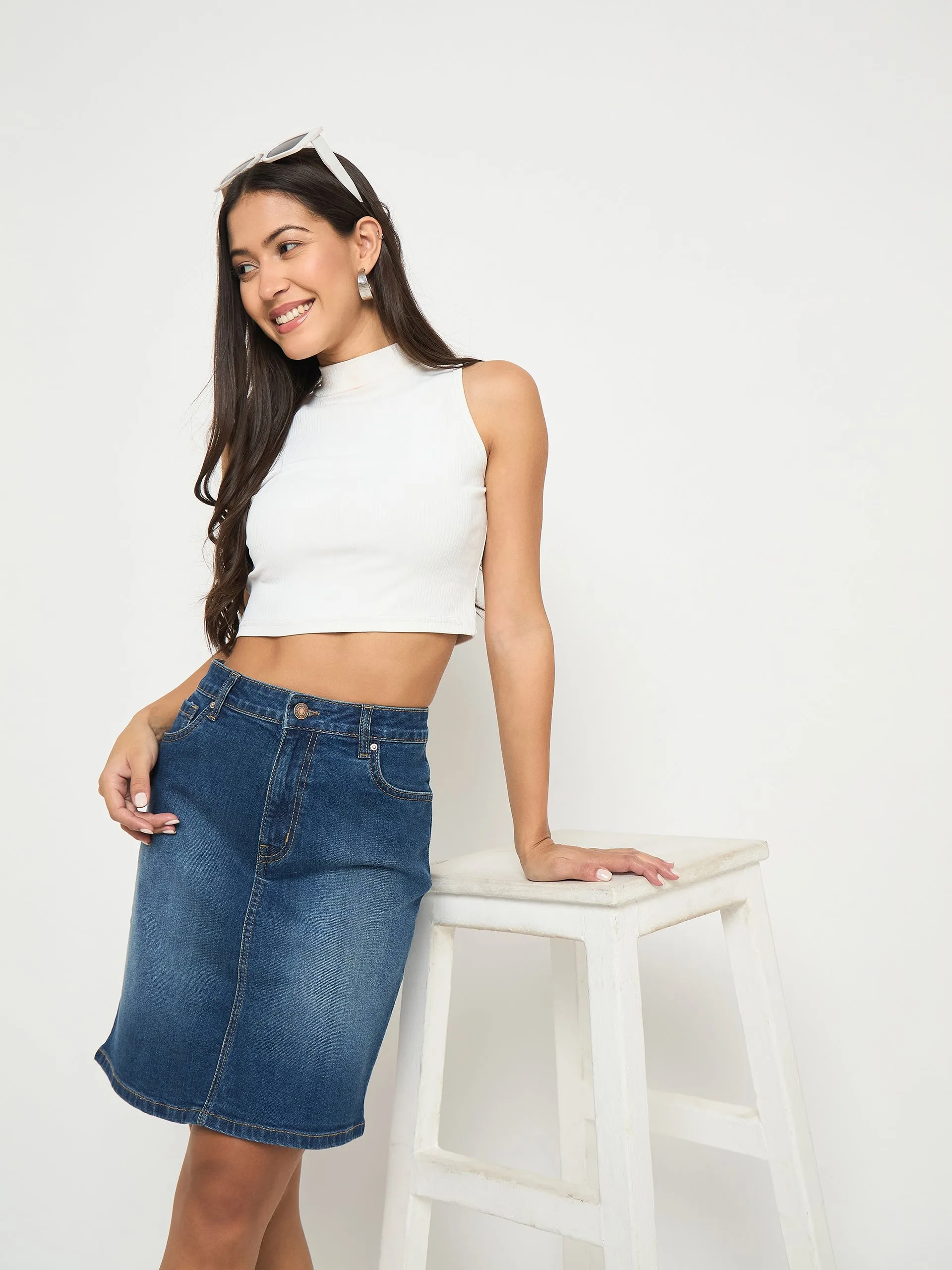 AntimicrobialCoating MoistureControl Lining Madame Stone Wash Mid Blue Cotton Blend Mini Denim Skirt