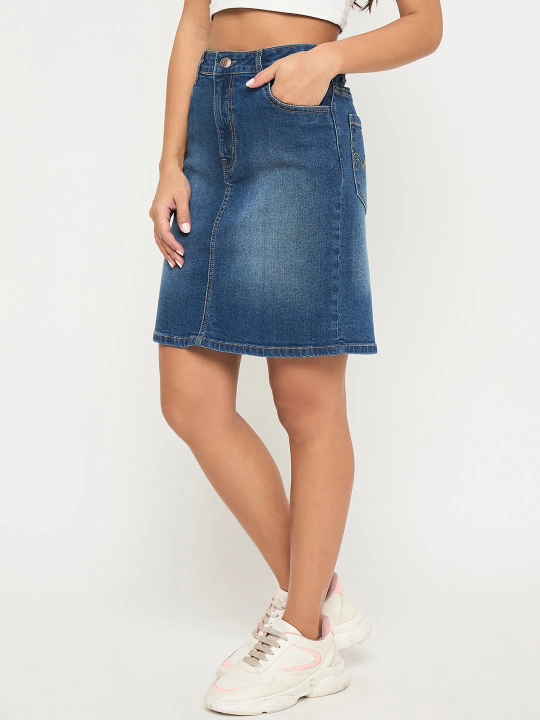 Madame Stone Wash Mid Blue Cotton Blend Mini Denim Skirt Snow Ready