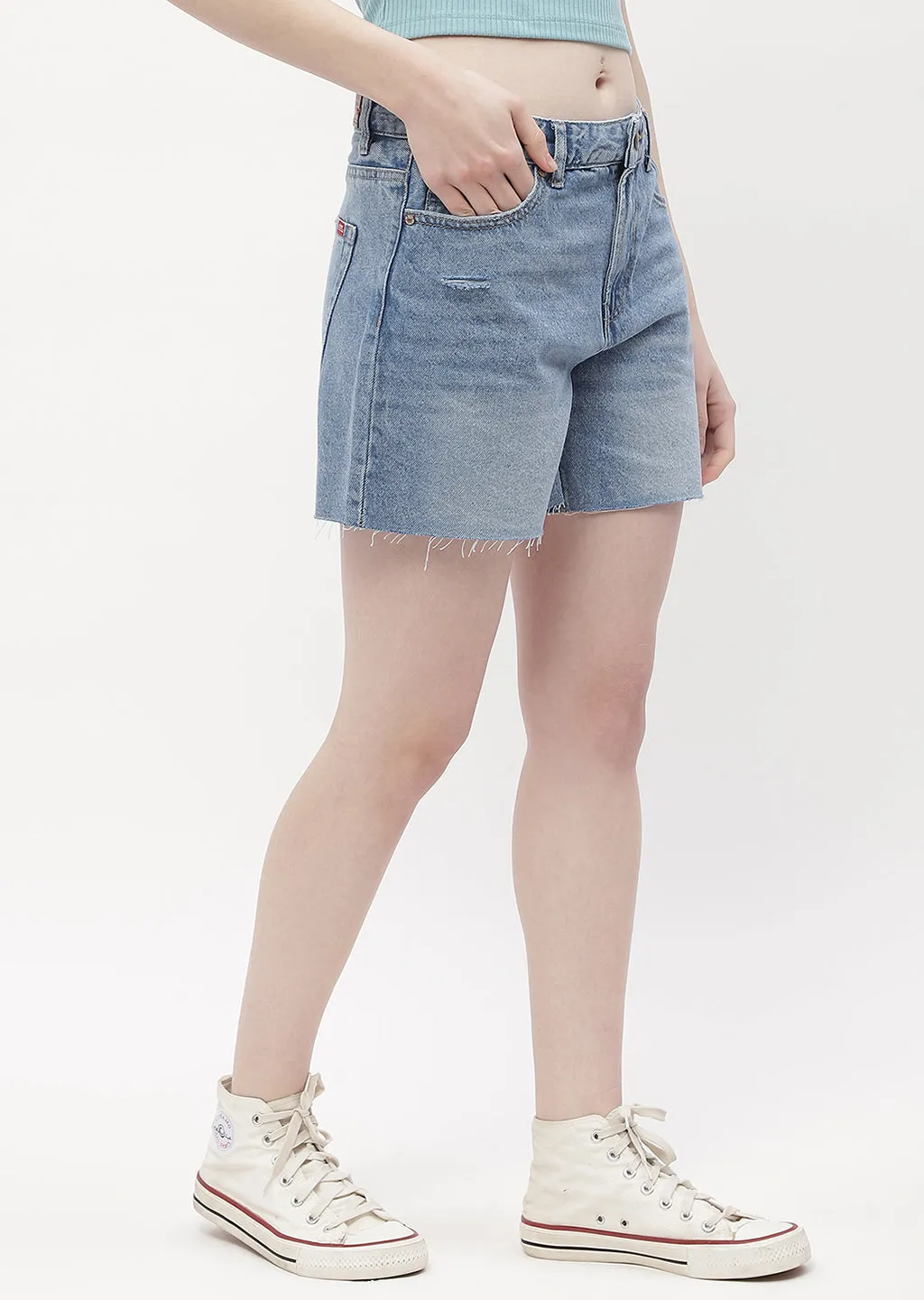 Shimmer Core Madame Low Rise Blue Distressed Hem Shorts