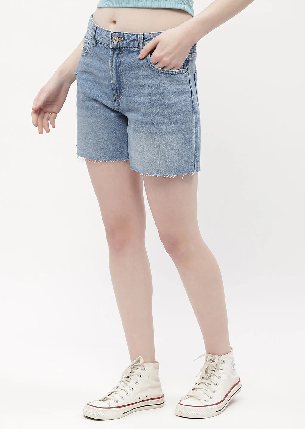Madame Low Rise Blue Distressed Hem Shorts Winter Apparel
