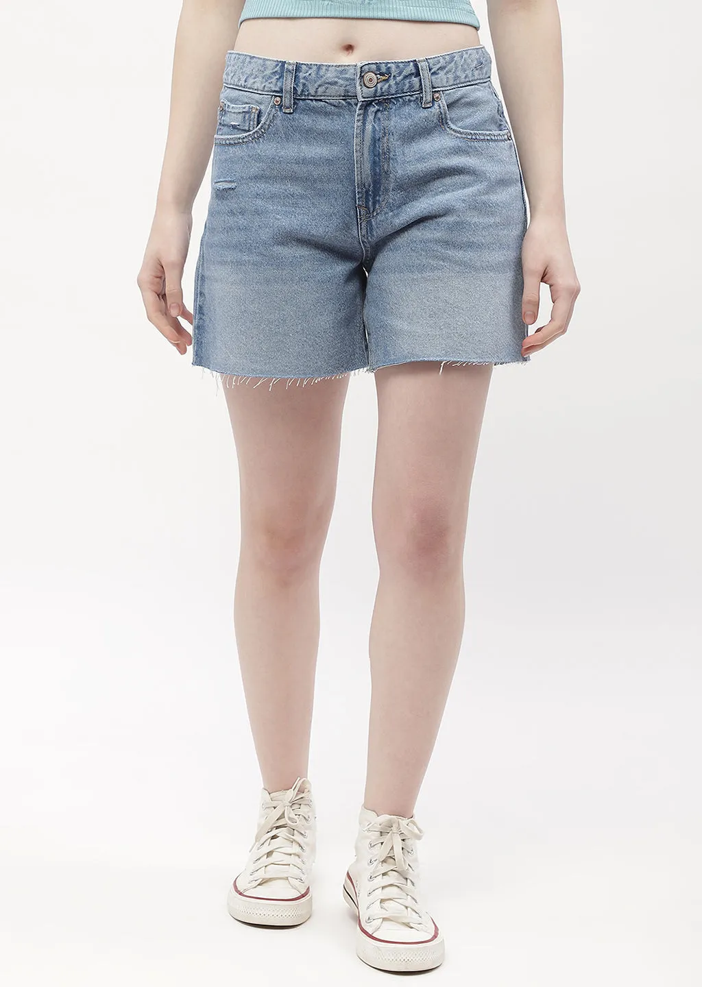 FadeResistant Dye Future Glow Madame Low Rise Blue Distressed Hem Shorts