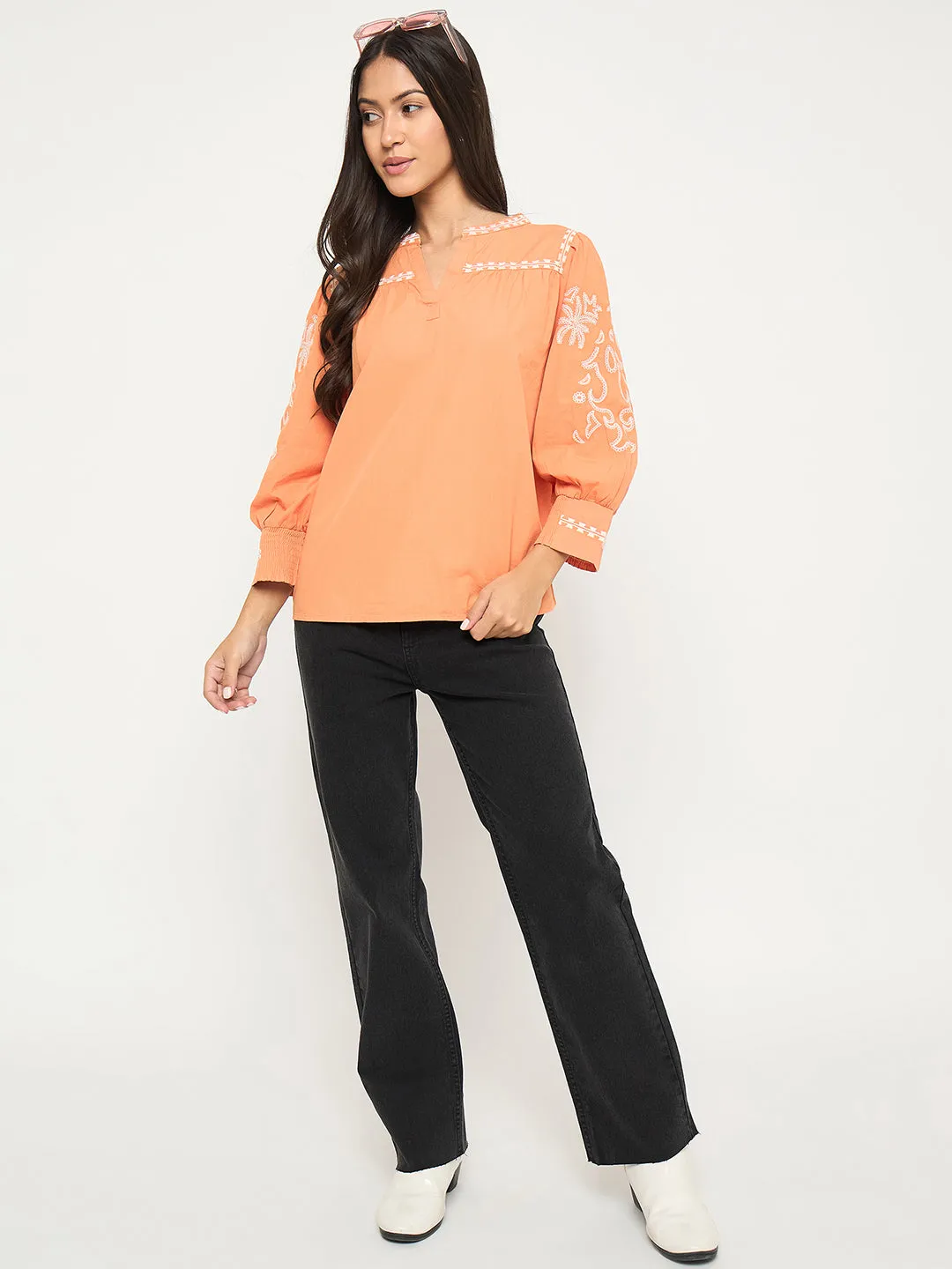 Comfort Design LightweightInsulation Madame Embroidered Split Crew Warm Amber Cotton Top