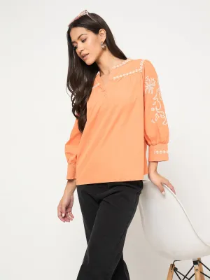 Durable materials Madame Embroidered Split Crew Warm Amber Cotton Top