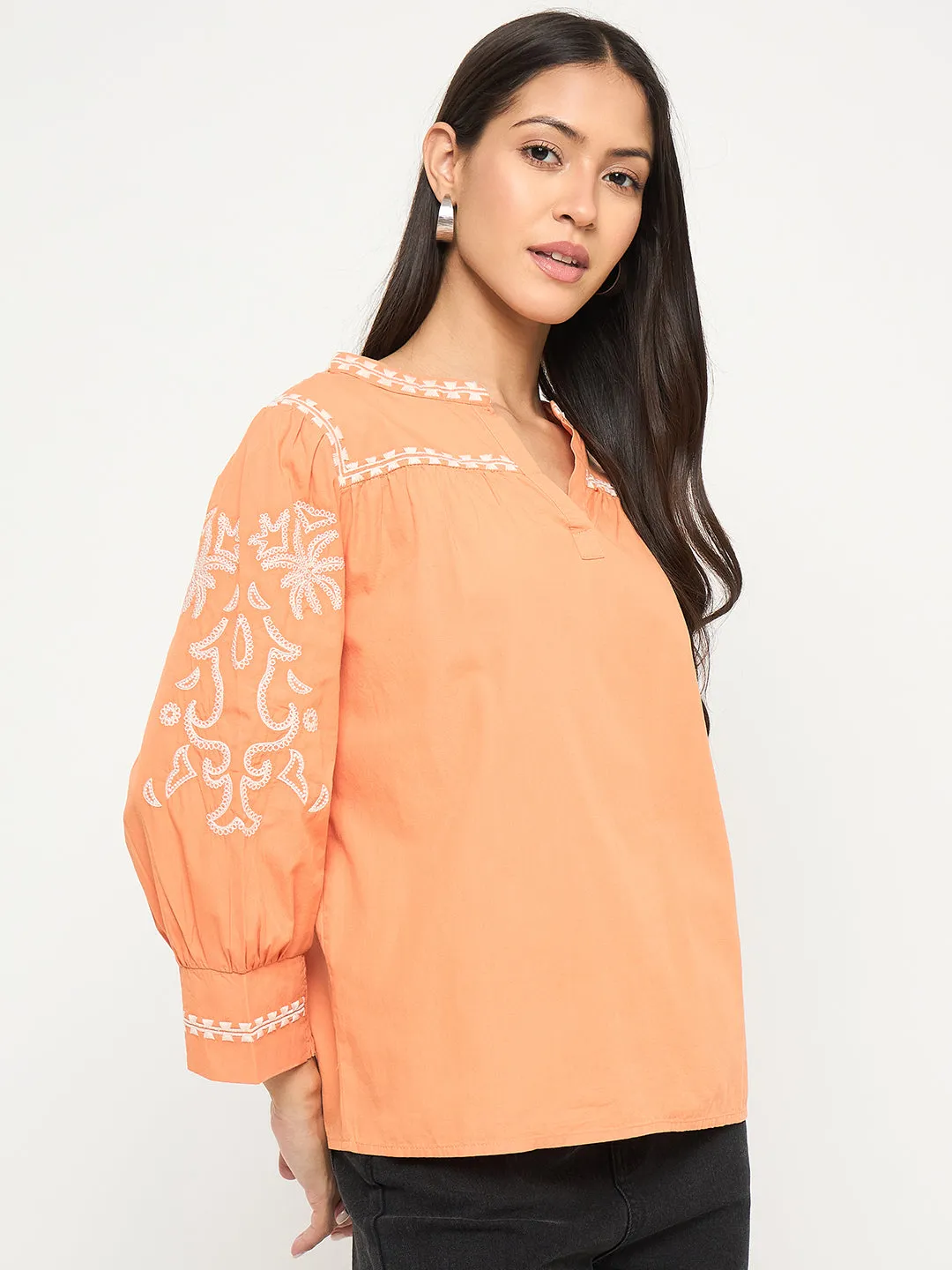 Glass Fit Madame Embroidered Split Crew Warm Amber Cotton Top