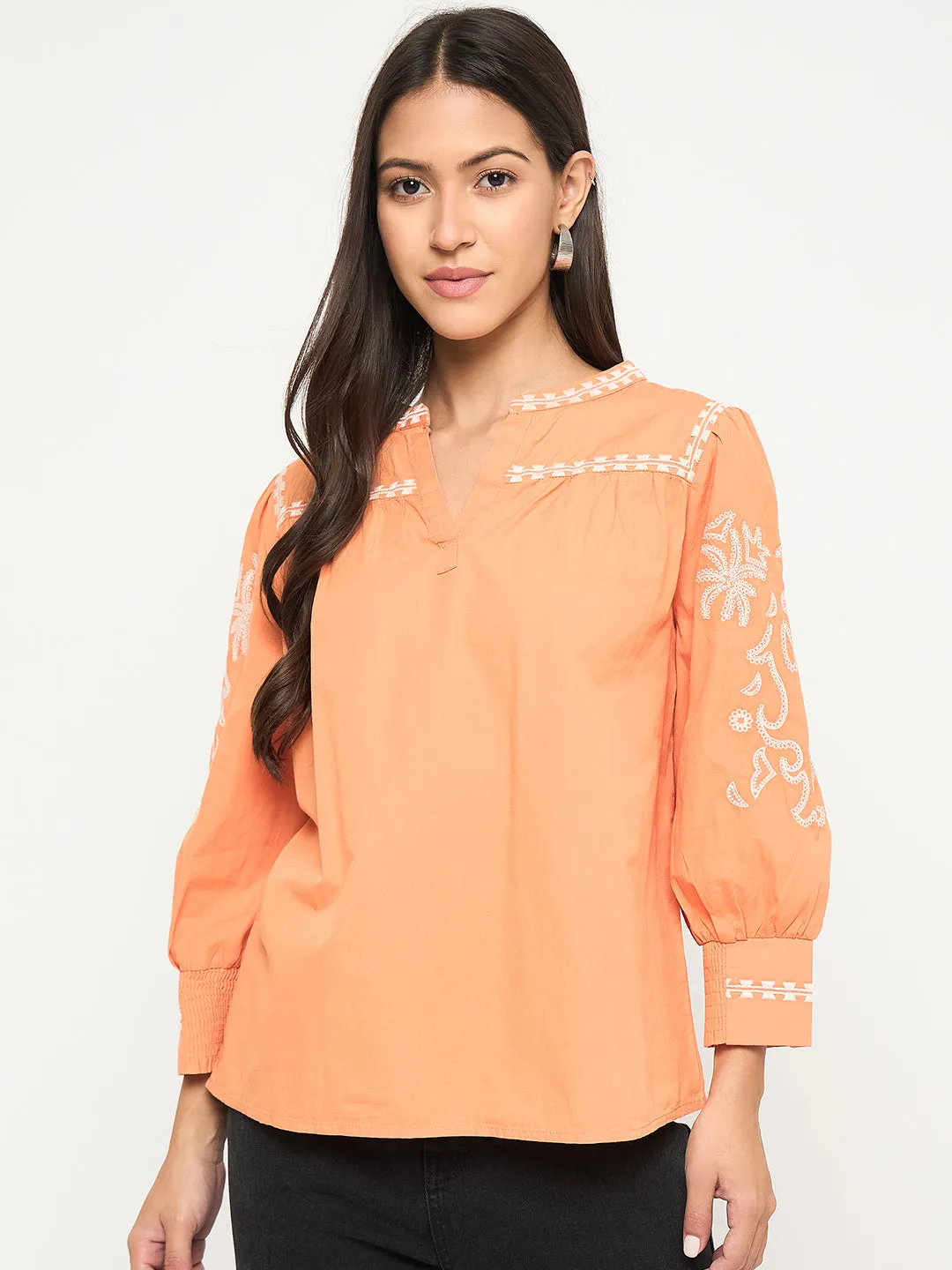 Madame Embroidered Split Crew Warm Amber Cotton Top QuickDrying Classic Hoodie