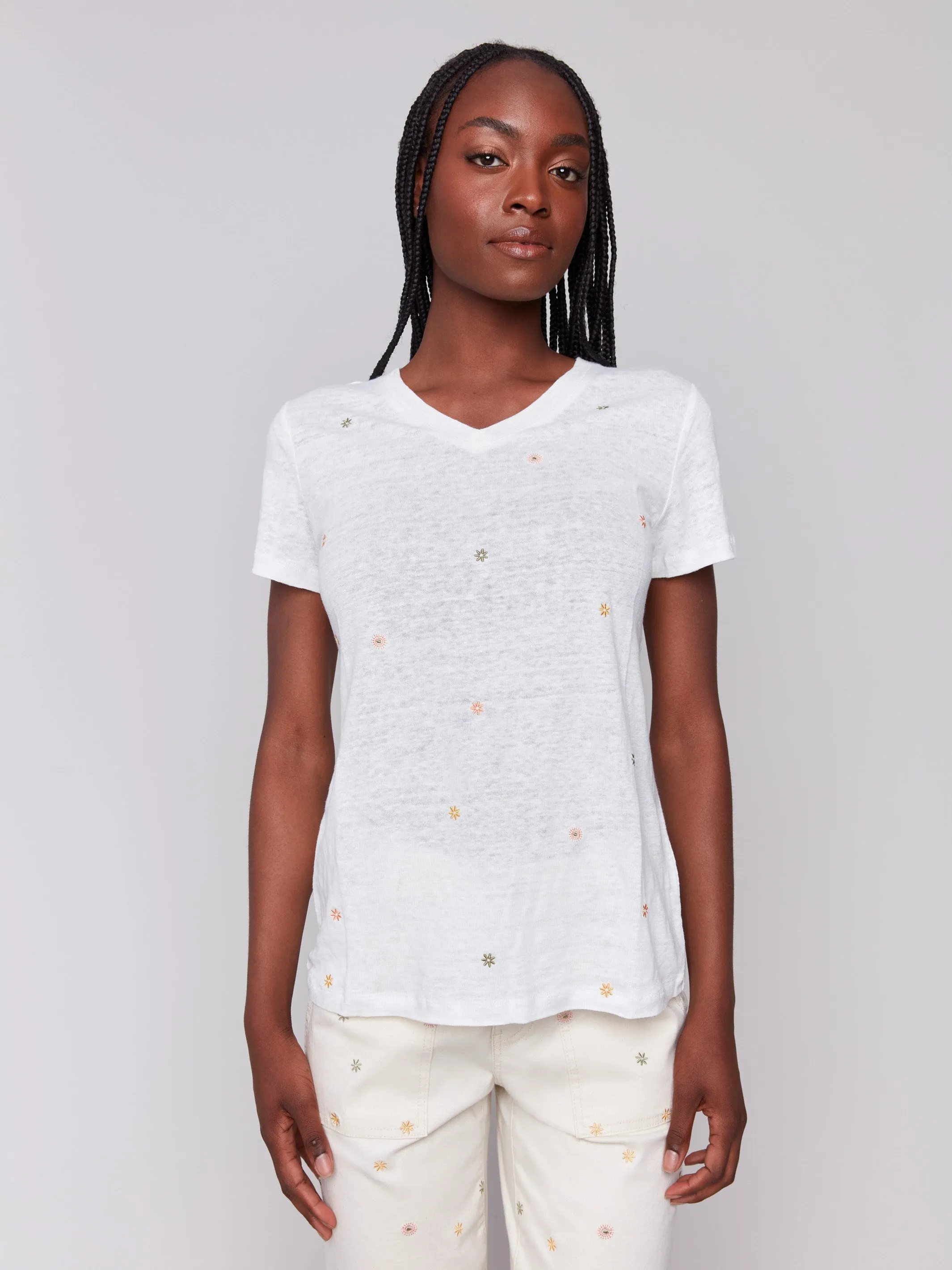 Warm Socks Embroidered Cotton V-Neck T-Shirt - Floral