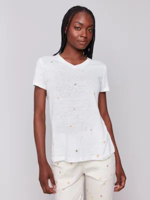 Embroidered Cotton V-Neck T-Shirt - Floral Noble Grace AntiPillingFabric