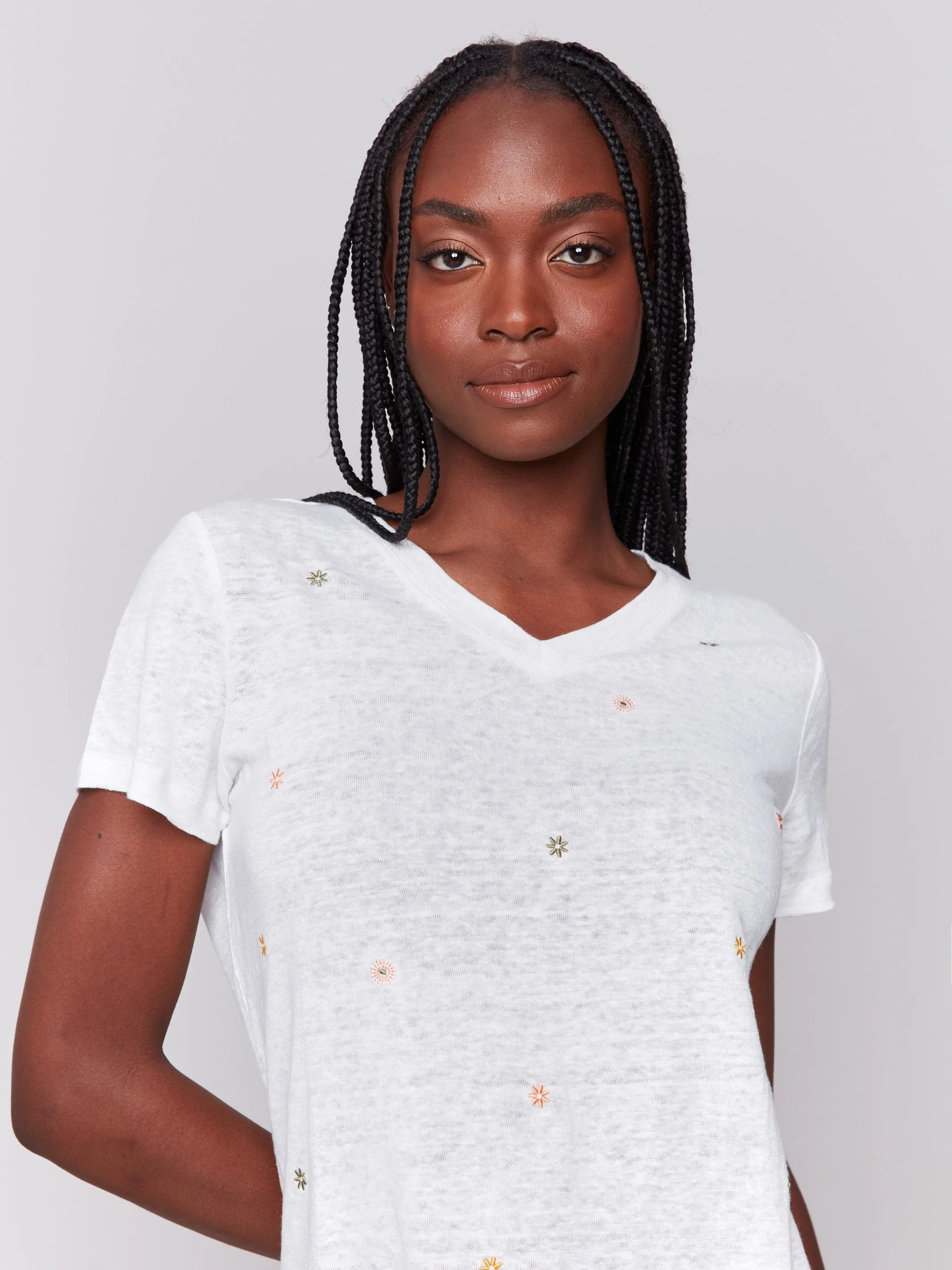 Embroidered Cotton V-Neck T-Shirt - Floral Road Soul