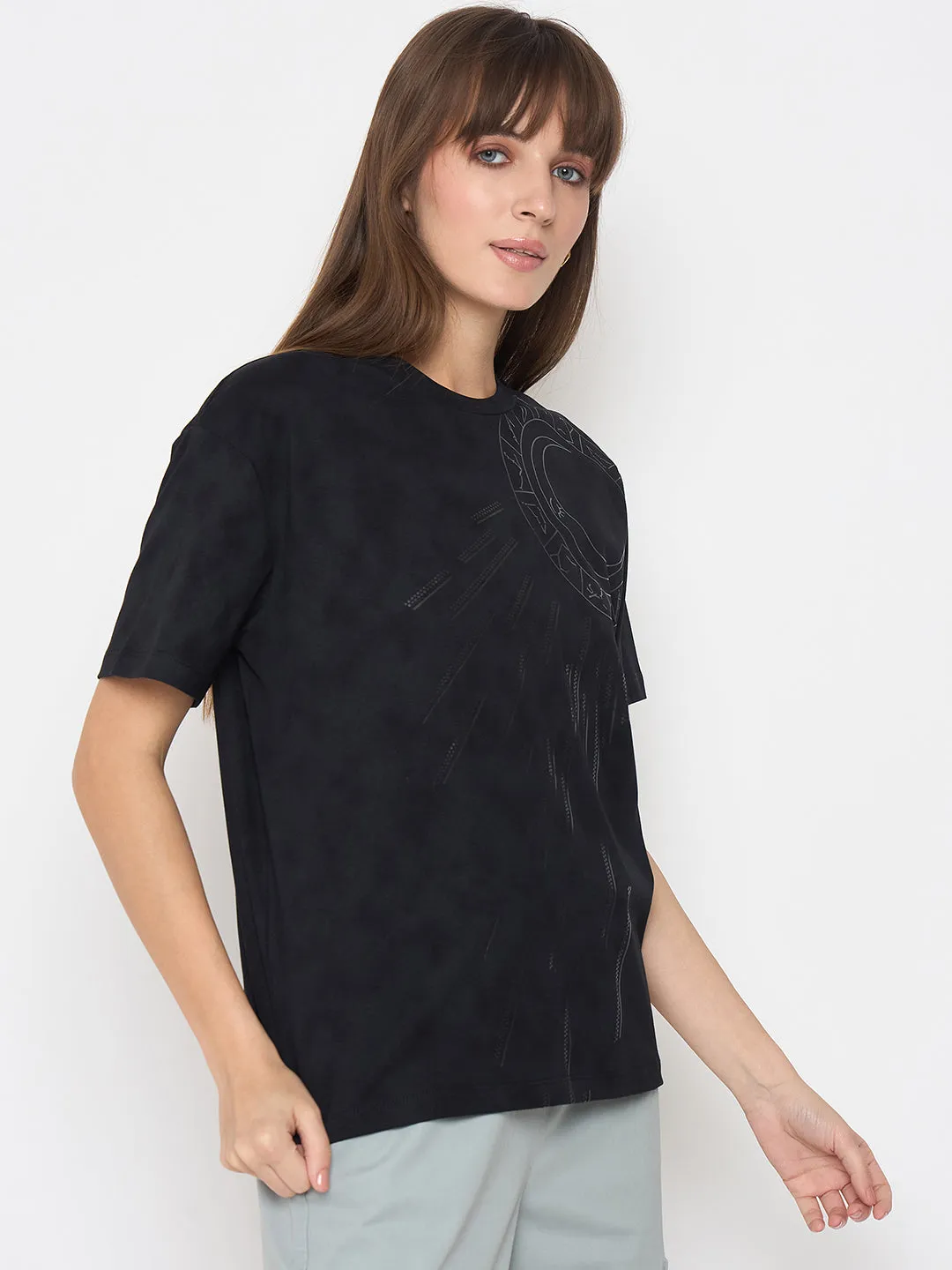Madame Swarovski Detailed Graphic Print Charcoal Black T-Shirt Sleek Layer