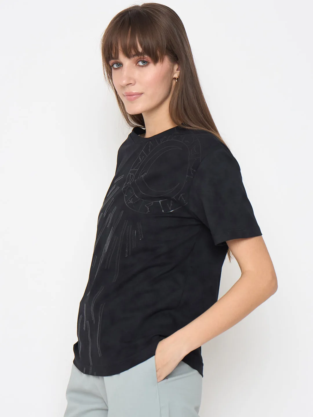 Madame Swarovski Detailed Graphic Print Charcoal Black T-Shirt simple design