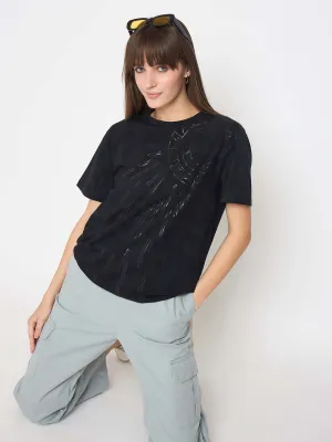 soft look Madame Swarovski Detailed Graphic Print Charcoal Black T-Shirt