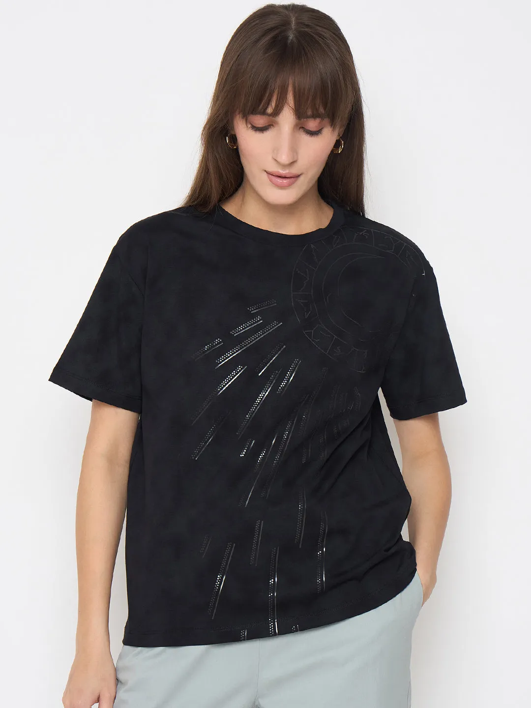 Soft and breathable Madame Swarovski Detailed Graphic Print Charcoal Black T-Shirt