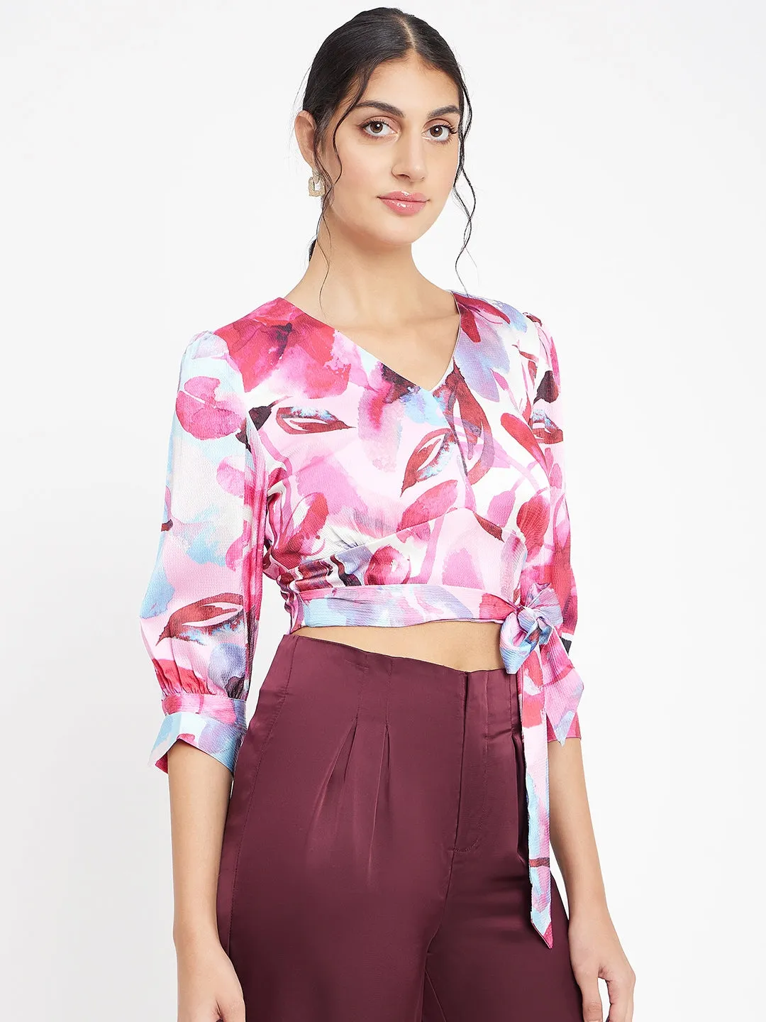 Classic Hoodie Madame Pink Floral Wrap-Around Crop Top