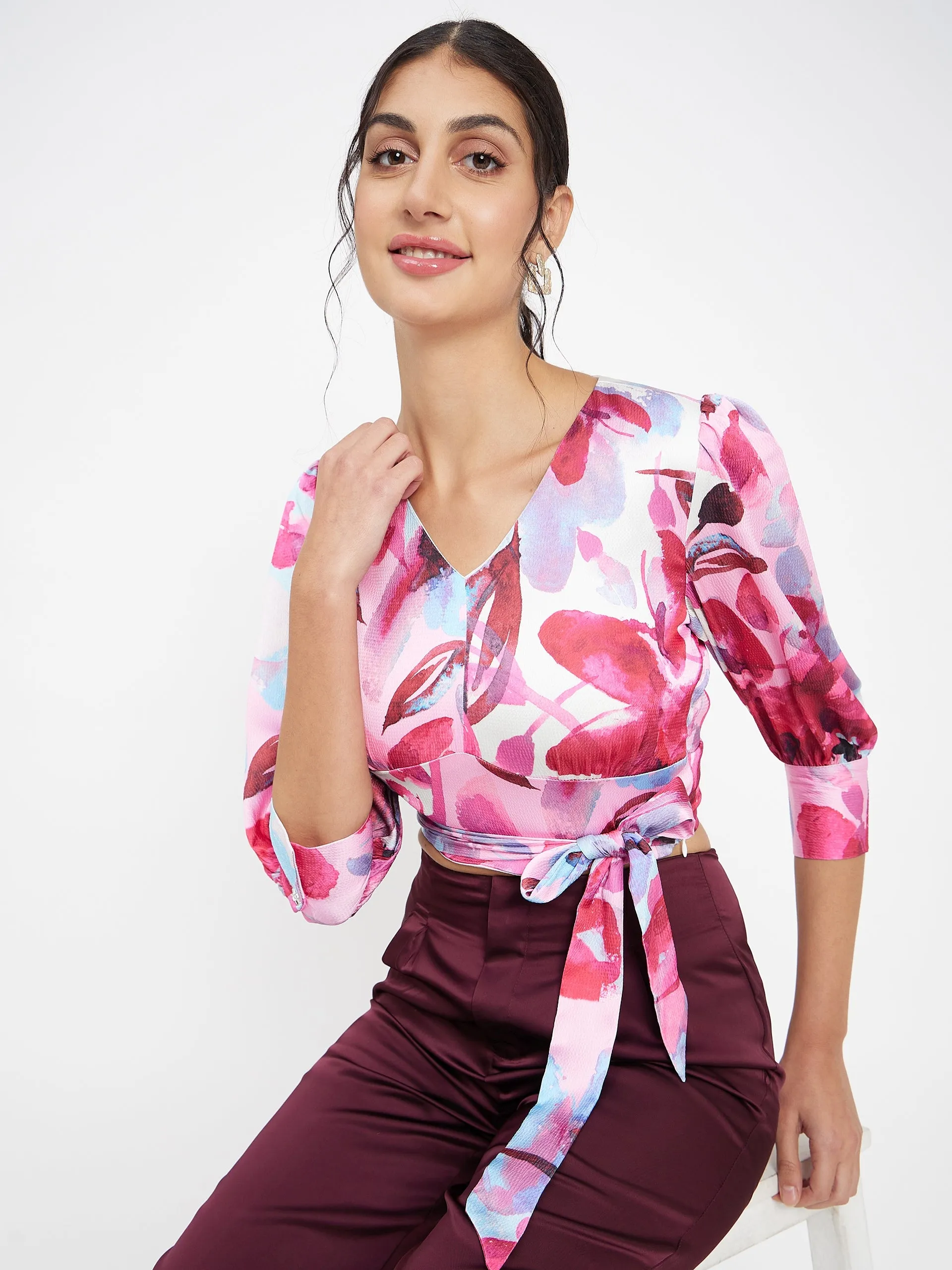Travel Outfit Streetwear Style Madame Pink Floral Wrap-Around Crop Top