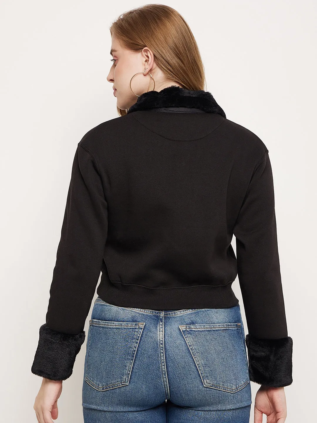Madame Black Faux Fur Collared Crop Sweatshirt product social responsibility product checkered classicism