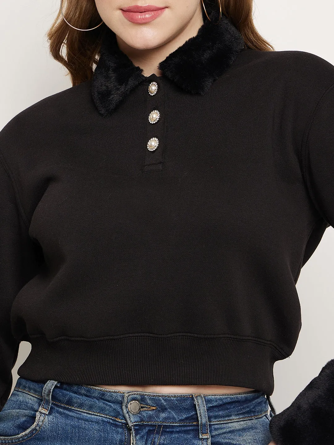 Versatile Look Concert Look Madame Black Faux Fur Collared Crop Sweatshirt