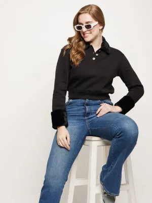 product inventory Machine washable Madame Black Faux Fur Collared Crop Sweatshirt