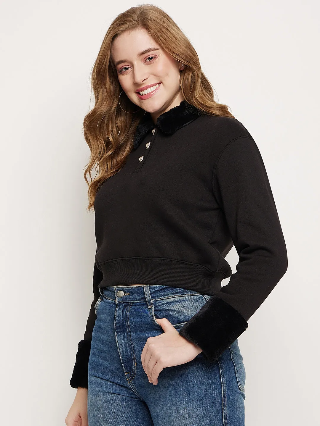Madame Black Faux Fur Collared Crop Sweatshirt product high end luxury short sleeves