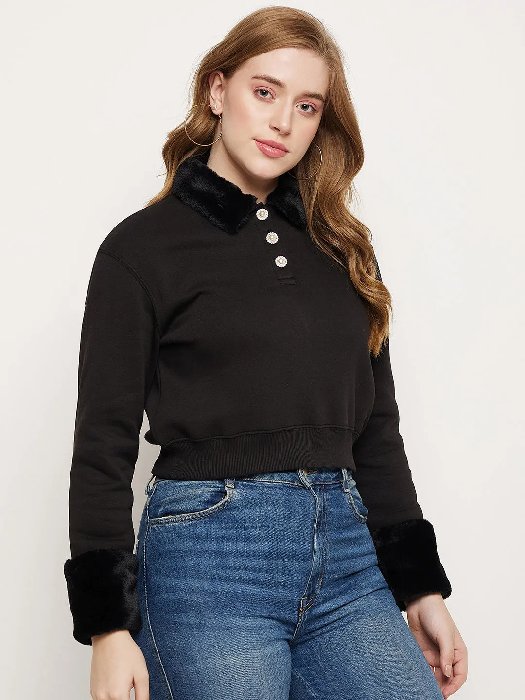 Madame Black Faux Fur Collared Crop Sweatshirt Casual Layer Minimal