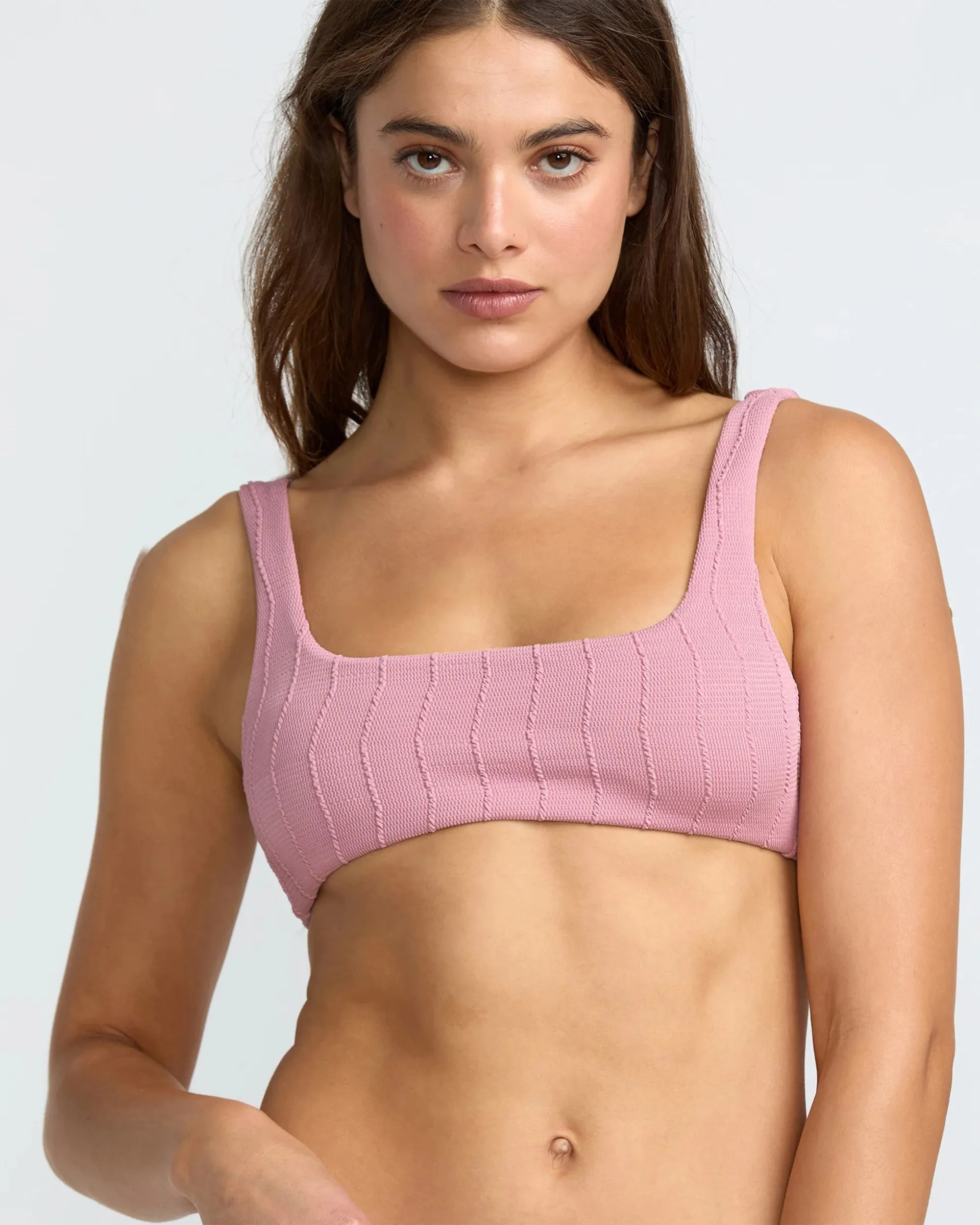 Crisscross Back Design Abrasion Resistant Fabric Chevy Grooves Lace BK Bralette Bikini Top - Amethyst Smoke