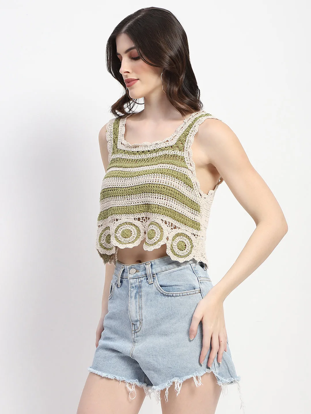 CompressionEnhanced Fit Madame Crochet Knit Green Cotton Crop Top