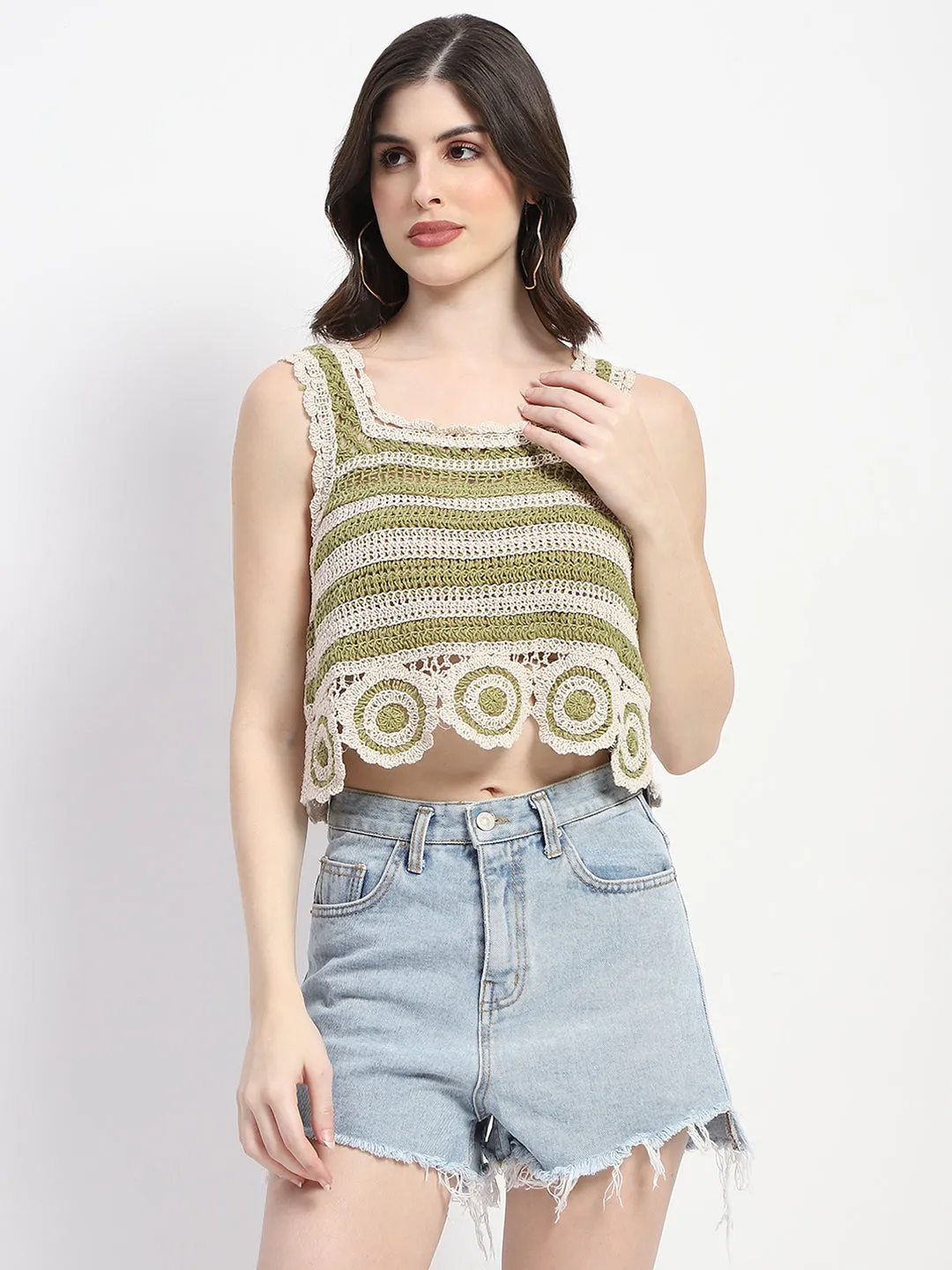 Madame Crochet Knit Green Cotton Crop Top Smooth Yarn EcoFriendly Textiles
