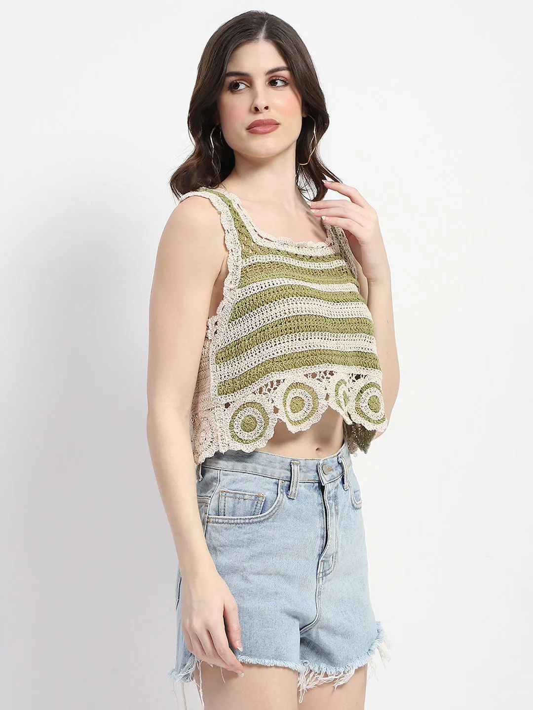 Quiet Core SeamFreeEngineering Madame Crochet Knit Green Cotton Crop Top