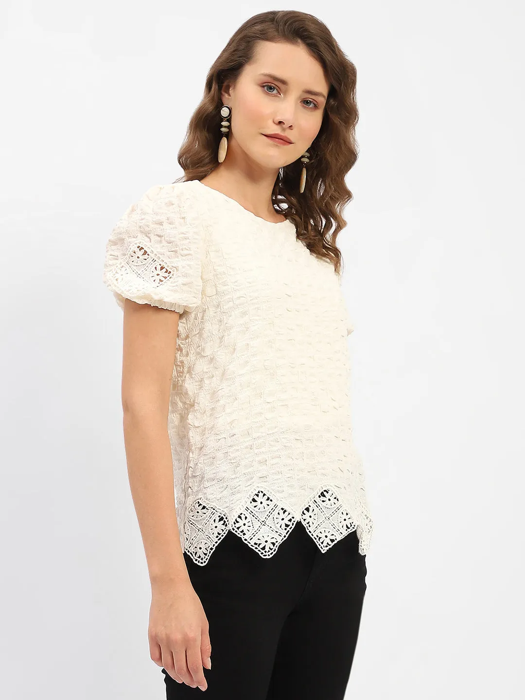 Madame Textured Off-White Embellished Top HeavyDuty Zipper Energy Ease