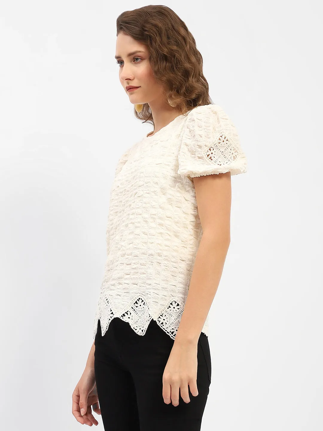 Madame Textured Off-White Embellished Top Seamless construction Winter Layer