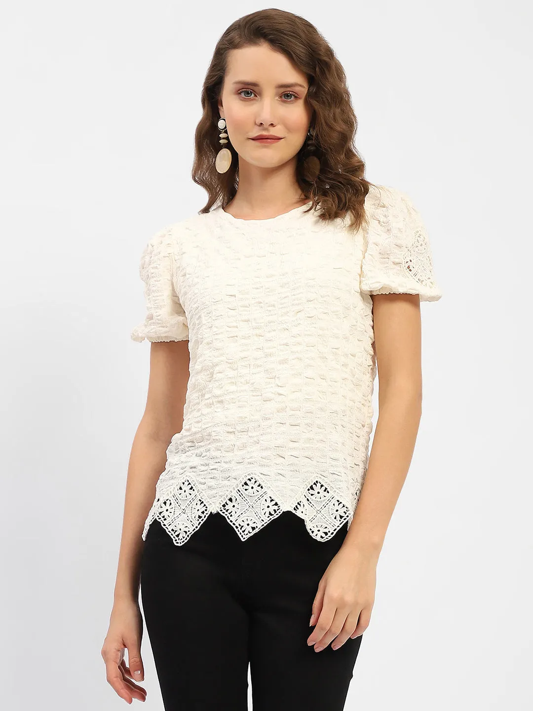 MeshVentilation StaticResistant Madame Textured Off-White Embellished Top